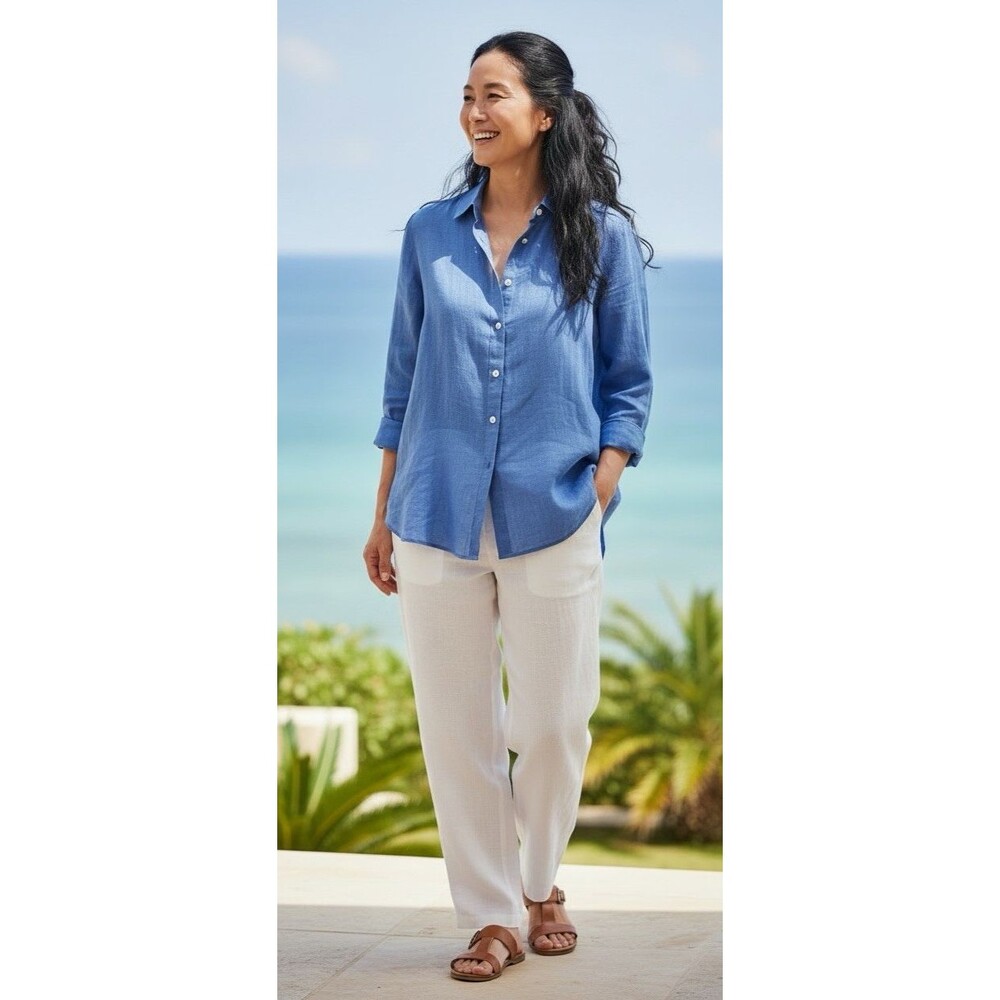 Chicos NEW womens 100% cotton tab sleeve blue shirt sz 2 (US 12) travel summer